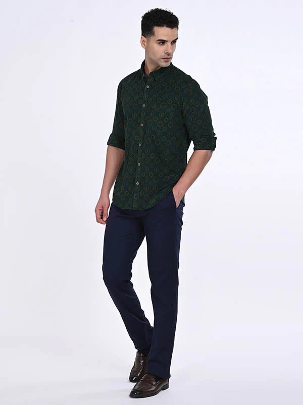 Indian Terrain Men's Regular Fit Full Sleeve Printed Green Shirt